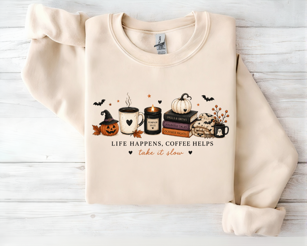 Halloween Coffee Sweatshirt for Women – Life Happens, Coffee Helps Take It Slow, Cozy Pumpkin Spice Ghost Fall Hoodie, Cute Spooky Season Gift