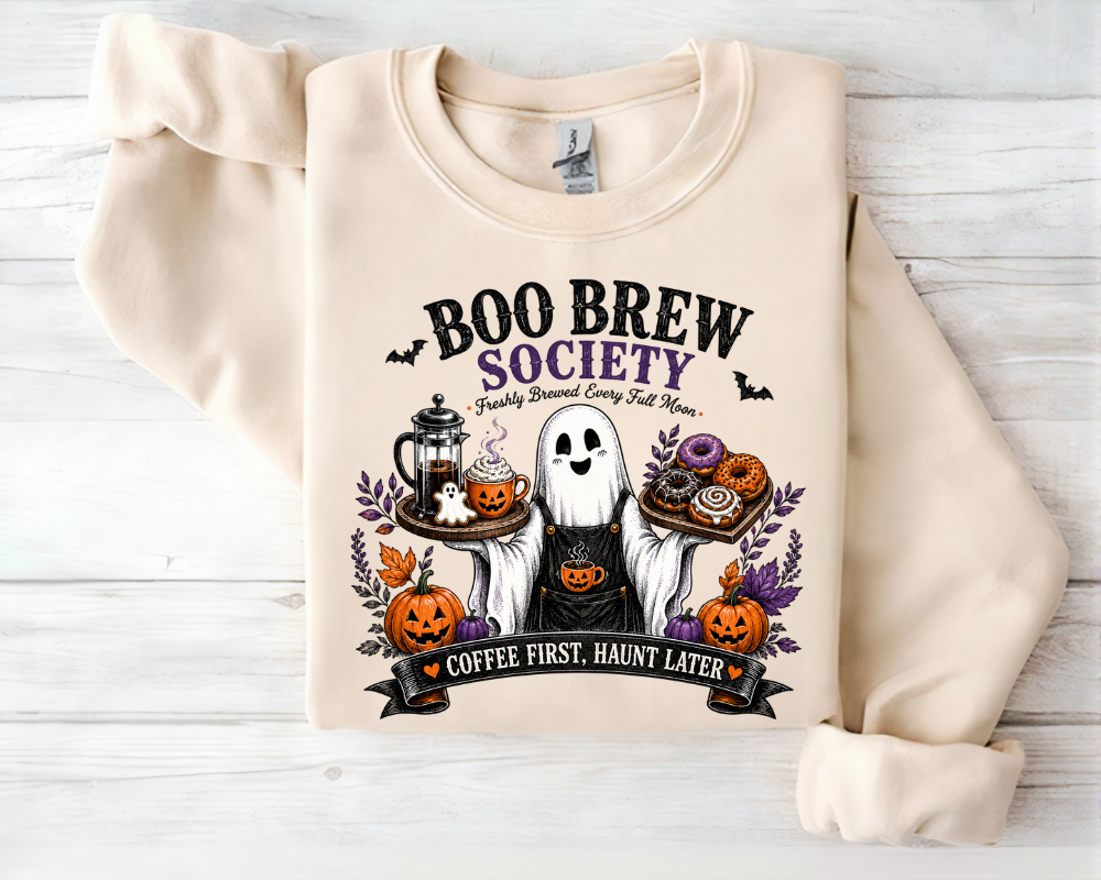 Boo Brew Society Halloween Sweatshirt, Ghost Coffee Crewneck, Spooky Season Gift for Women