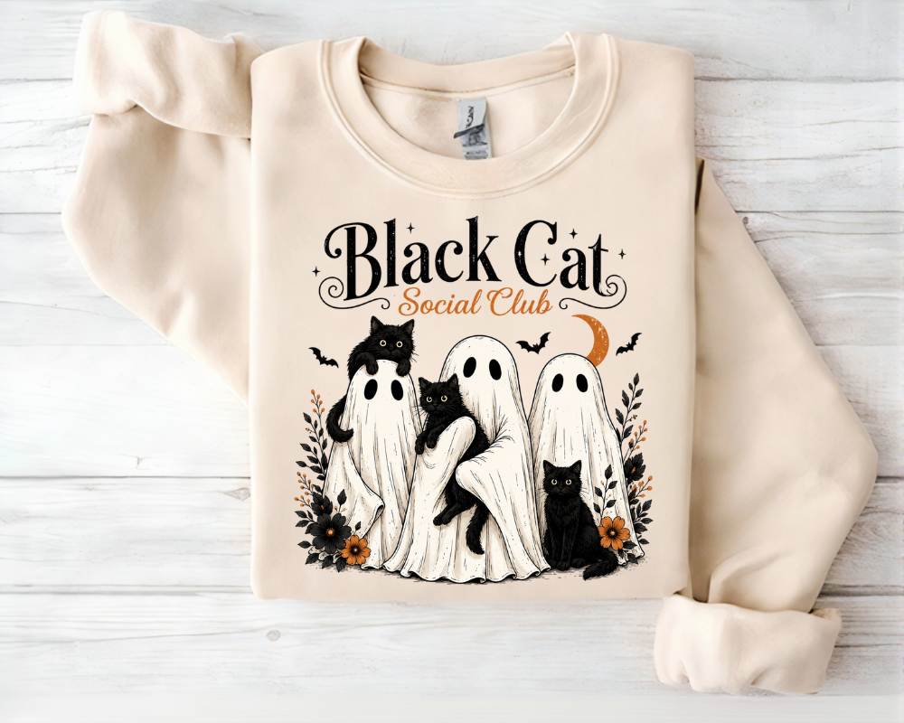 Black Cat Social Club Halloween Sweatshirt, Ghost Cats Crewneck, Gift for Cat Lovers