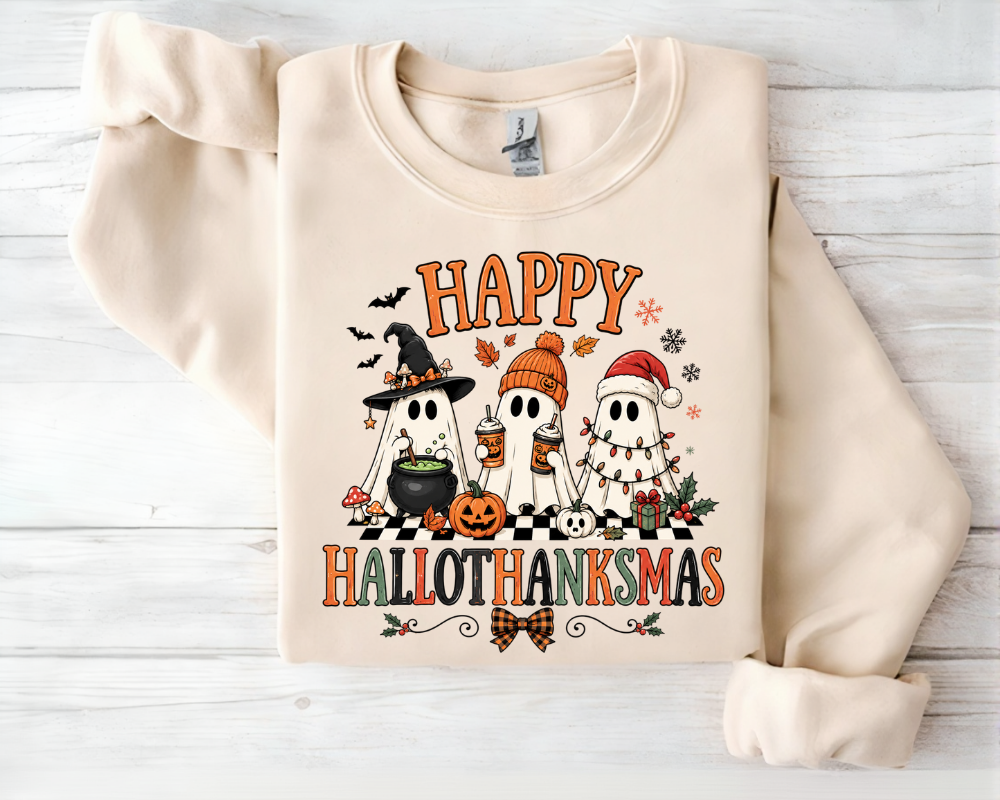 Happy Hallothanksmas Sweatshirt, Holiday Ghost Hoodie, Cute Spooky Christmas Crewneck, Gift for Holiday Lovers