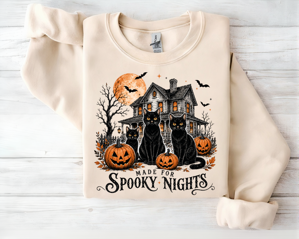 Made for Spooky Nights Black Cat Halloween Sweatshirt, Haunted House Crewneck, Gift for Cat Lovers
