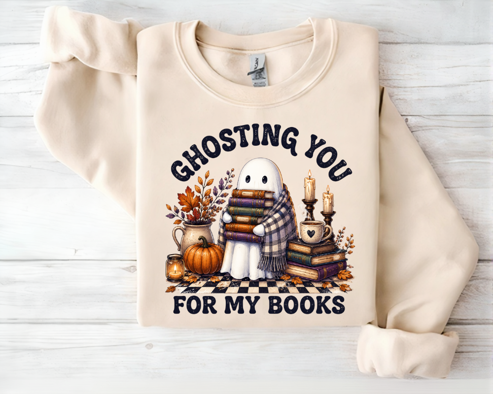 Ghosting You For My Books Sweatshirt, Halloween Book Lover Crewneck, Cute Ghost Reading Shirt, Spooky Reader Gift