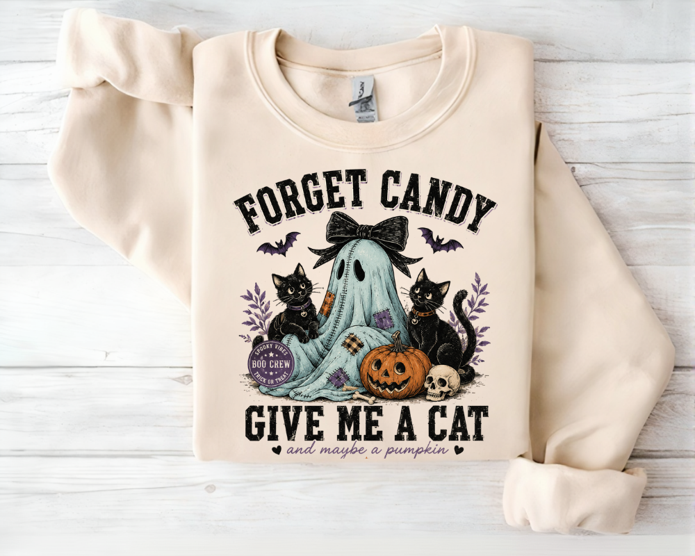 Forget Candy Give Me a Cat Sweatshirt, Black Cat Ghost Halloween Crewneck, Cute Spooky Season Sweatshirt, Cat Lover Fall Shirt, Halloween Gift for Women