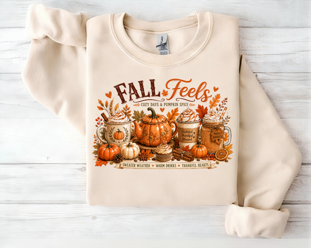 Fall Feels Sweatshirt, Pumpkin Spice Coffee Sweatshirt, Cozy Autumn Crewneck for Women