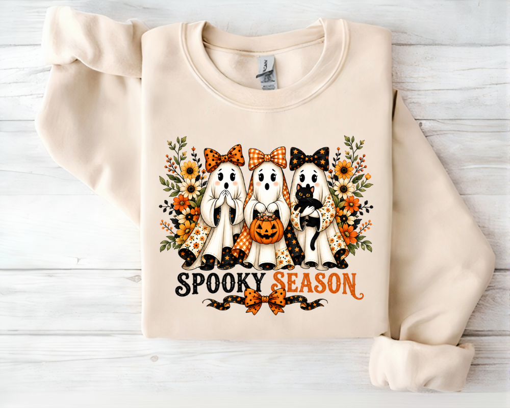 Cute Ghost Halloween Sweatshirt, Coquette Ghost Crewneck, Black Cat Fall Sweatshirt, Pumpkin Bow Autumn Shirt, Halloween Gift for Women