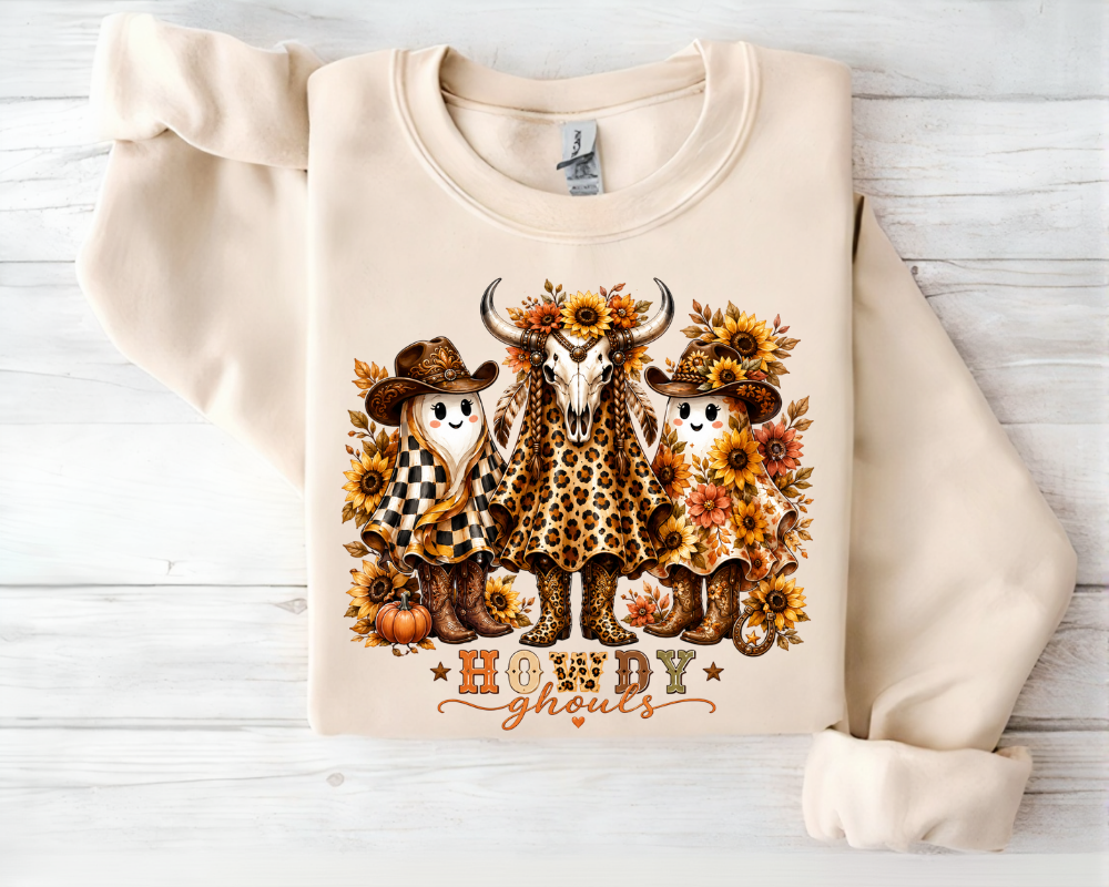 Howdy Ghouls Sweatshirt, Western Halloween Ghost Shirt, Cowgirl Ghost Crewneck, Sunflower Leopard Halloween Sweatshirt, Cute Fall Western Gift for Women