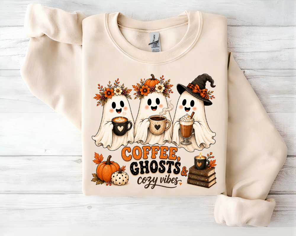Cute Ghost Halloween Sweatshirt, Spooky Season Crewneck, Coffee Lover Sweatshirt, Fall Ghost Shirt, Halloween Gift for Women