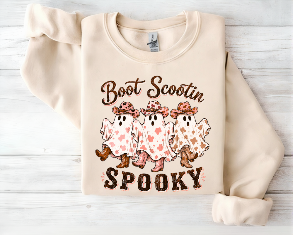 Boot Scootin Spooky Ghost Halloween Sweatshirt, Cowgirl Ghost Shirt, Western Halloween Crewneck, Cute Cowboy Ghost Fall Sweatshirt