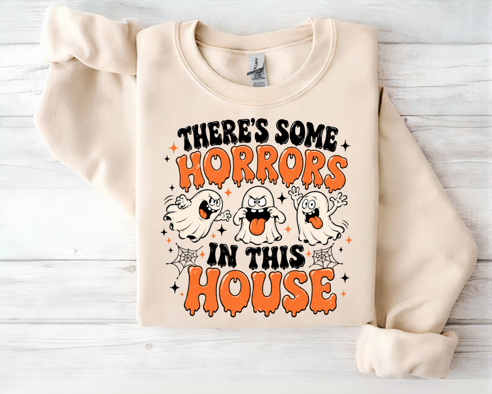 There's Some Horrors In This House Halloween Sweatshirt, Funny Ghost Crewneck, Cute Spooky Season Graphic Pullover, Halloween Party Sweatshirt, Funny Halloween Gift for Women