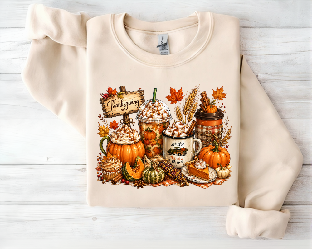 Thanksgiving Coffee Sweatshirt, Pumpkin Spice Fall Crewneck, Cozy Autumn Graphic Shirt, Grateful Thankful Blessed Pullover, Fall Gift for Women