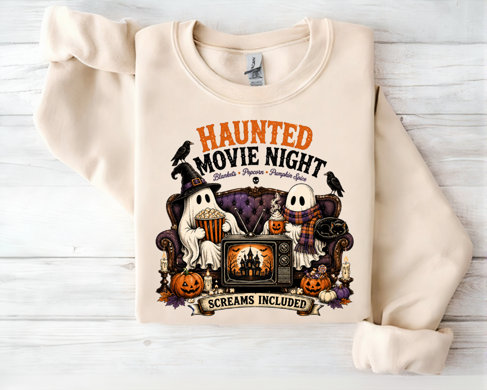 Haunted Movie Night Halloween Sweatshirt, Cute Ghost Crewneck, Cozy Spooky Season Gift for Women