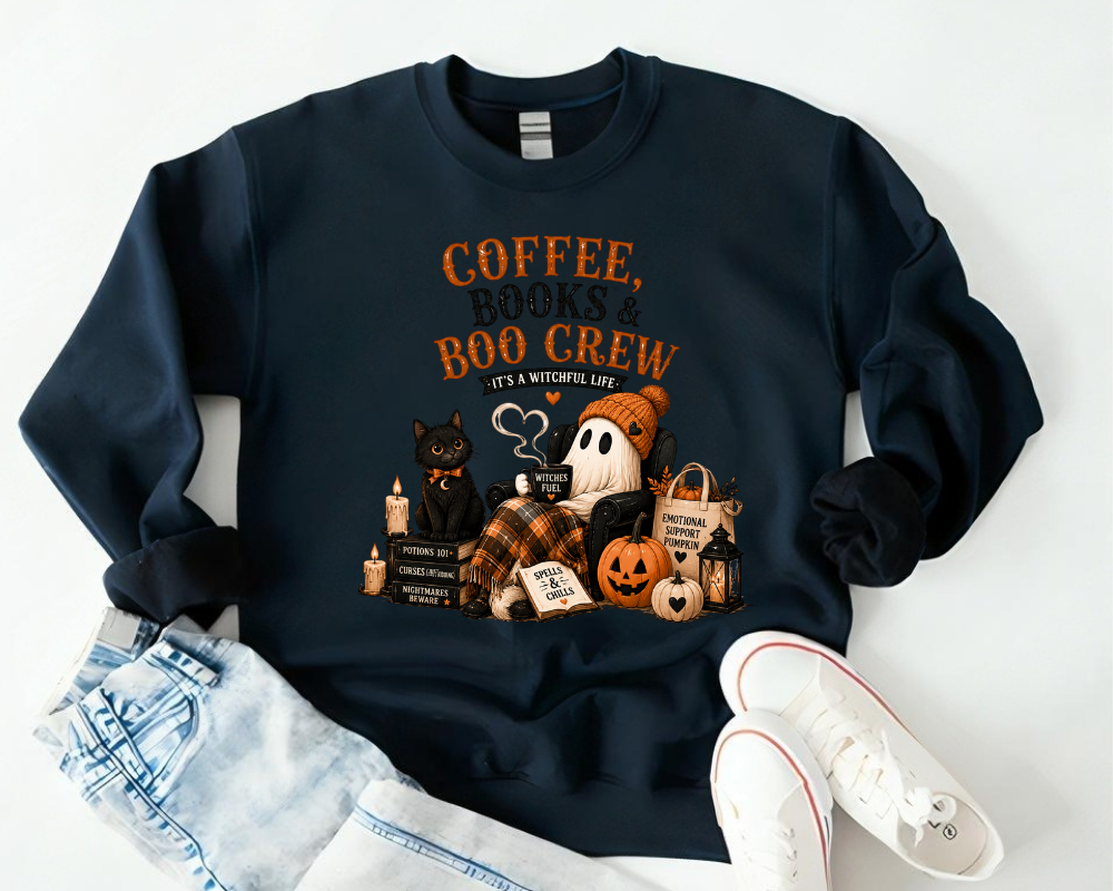 Coffee, Books & Boo Crew Sweatshirt, Cozy Halloween Ghost Hoodie, Cute Autumn Booklover Gift