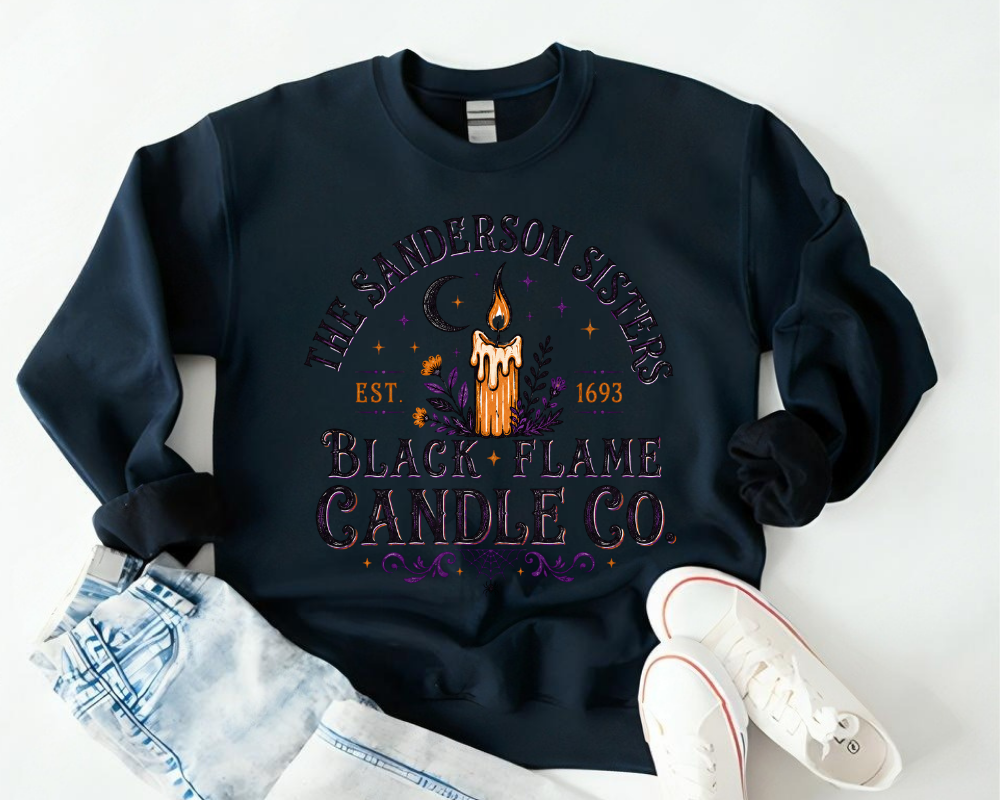 Black Flame Candle Co., Vintage Halloween Sweatshirt, Witchy Spooky Season Crewneck, Hocus Pocus Inspired Graphic Shirt, Fall Halloween Gift for Women