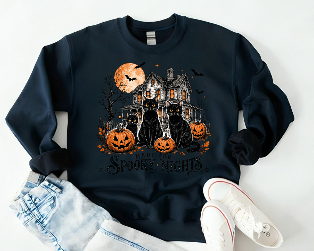 Made for Spooky Nights Black Cat Halloween Sweatshirt, Haunted House Crewneck, Gift for Cat Lovers
