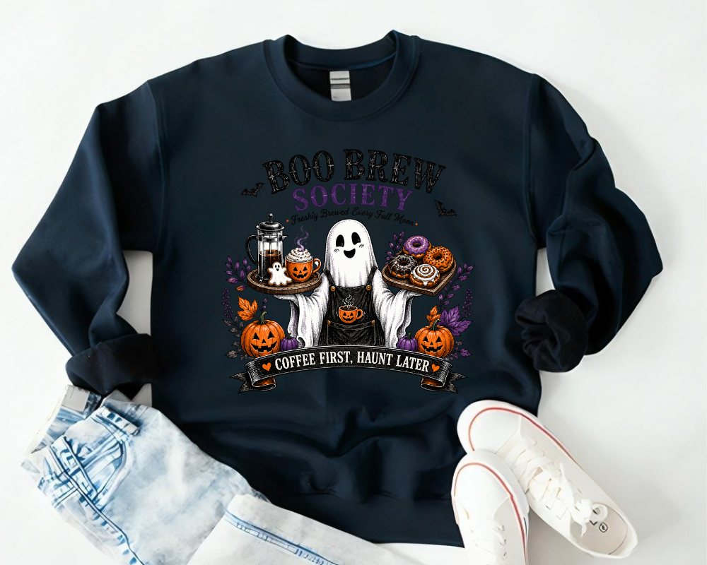 Boo Brew Society Halloween Sweatshirt, Ghost Coffee Crewneck, Spooky Season Gift for Women