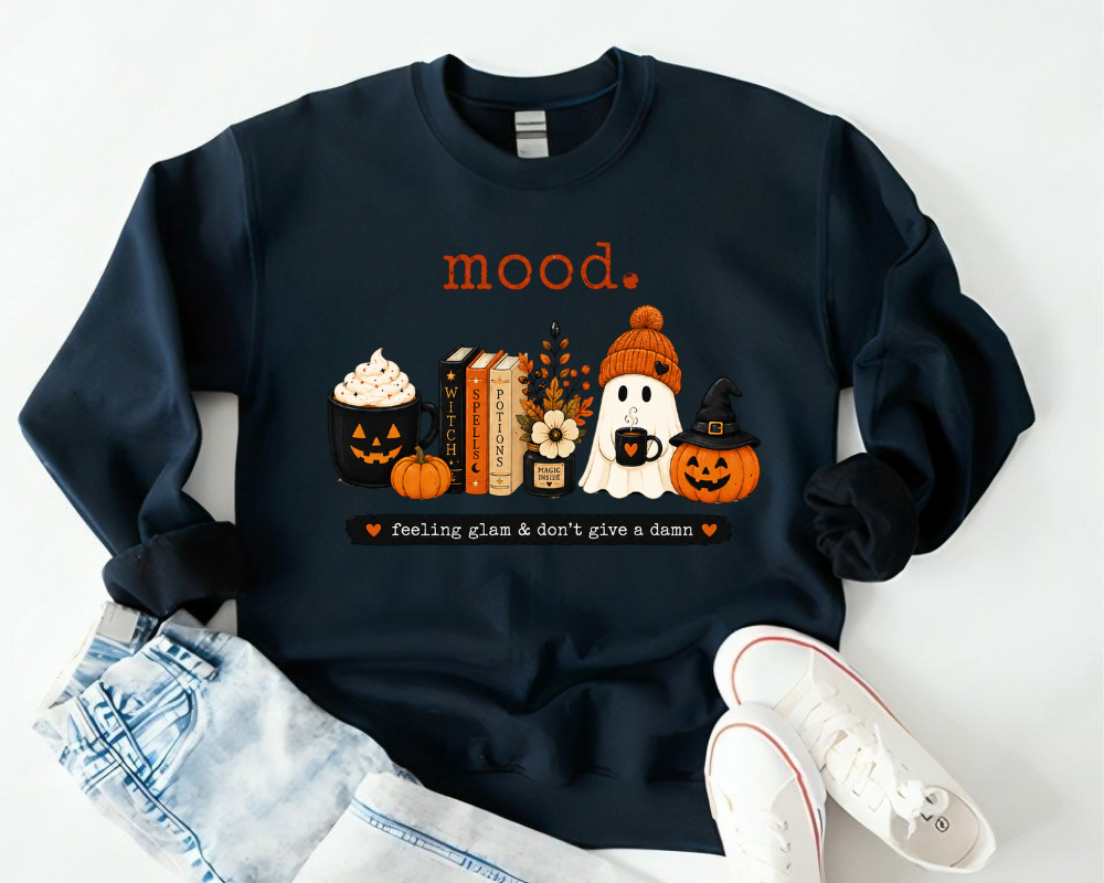 Mood Halloween Sweatshirt, Cute Ghost Pumpkin Coffee Crewneck, Cozy Fall Graphic Sweatshirt, Spooky Book Lover Pullover, Autumn Gift for Women