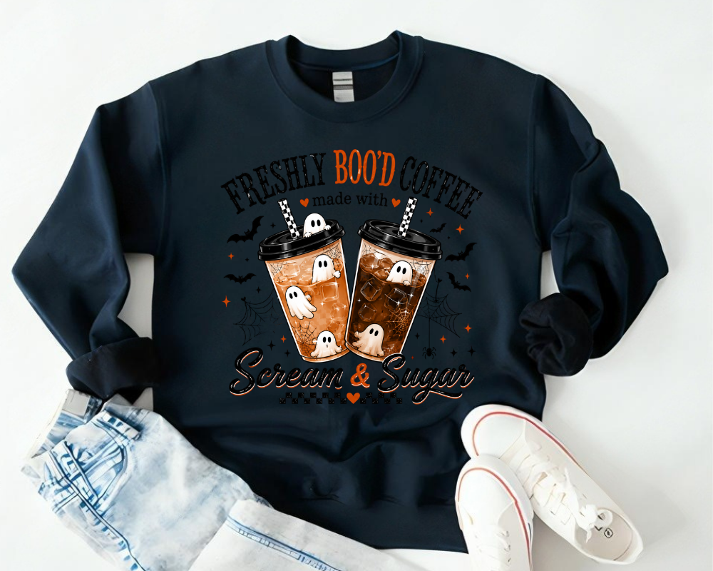 Freshly Boo'd Coffee Halloween Sweatshirt, Ghost Coffee Shirt, Spooky Season Crewneck, Coffee Lover Gift for Women