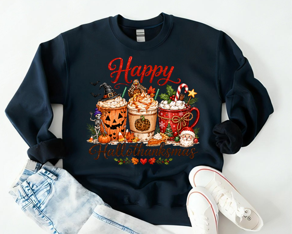 Happy Hallothanksmas Sweatshirt, Halloween Thanksgiving Christmas Sweatshirt, Holiday Coffee Graphic Crewneck, Pumpkin Spice Fall Winter Sweatshirt, Cute Holiday Gift for Women