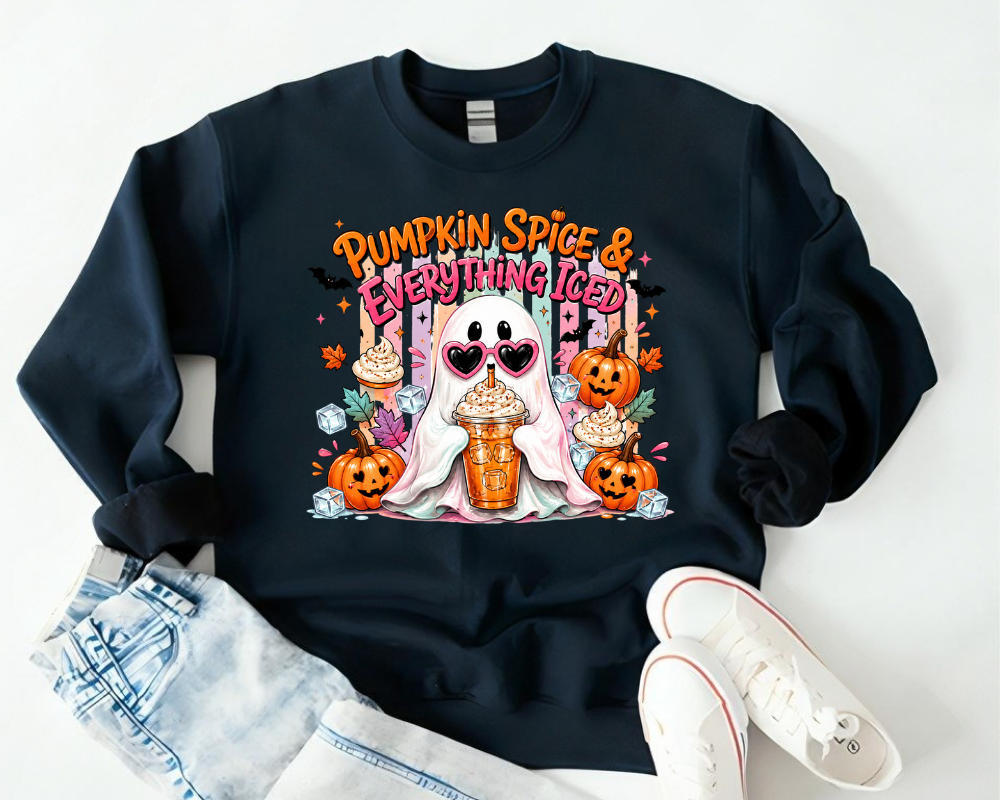 Pumpkin Spice & Everything Iced Ghost Halloween Sweatshirt, Cute Ghost Coffee Crewneck, Pumpkin Spice Latte Sweater, Halloween Coffee Lover Gifts
