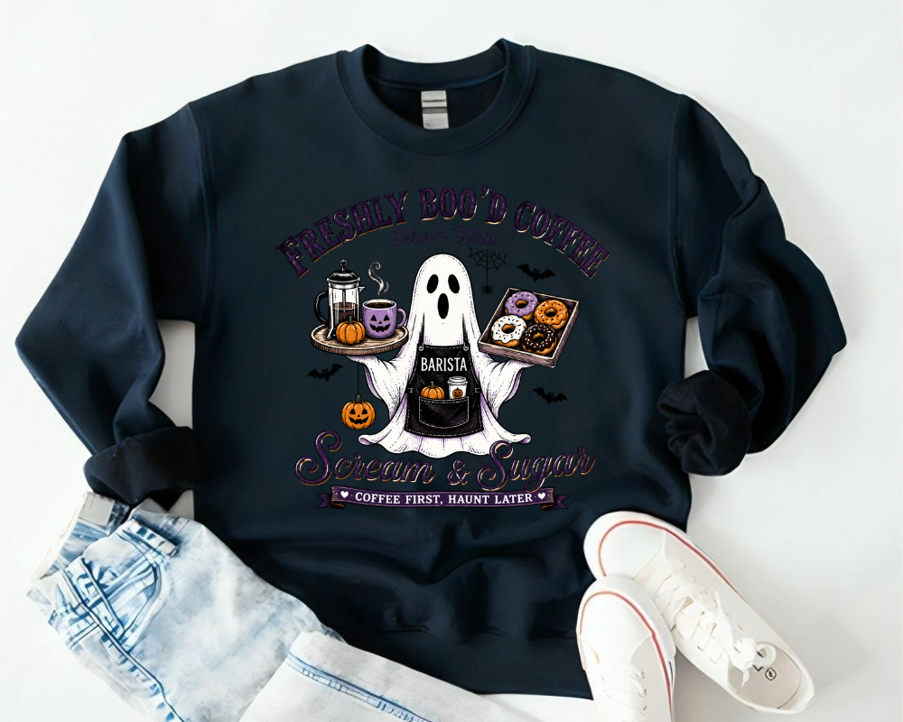Freshly Boo'd Coffee Halloween Sweatshirt, Ghost Barista Crewneck, Spooky Coffee Lover Gift for Women