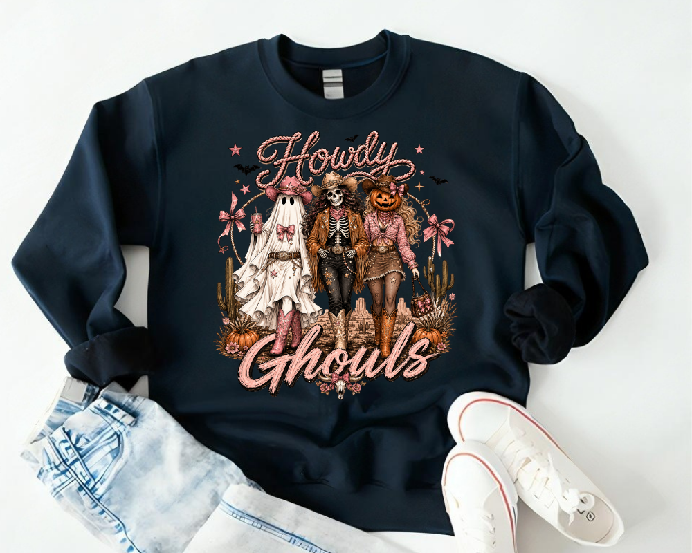 Howdy Ghouls Sweatshirt, Western Halloween Cowgirl Crewneck, Ghost Skeleton Pumpkin Shirt, Spooky Country Fall Gift for Women