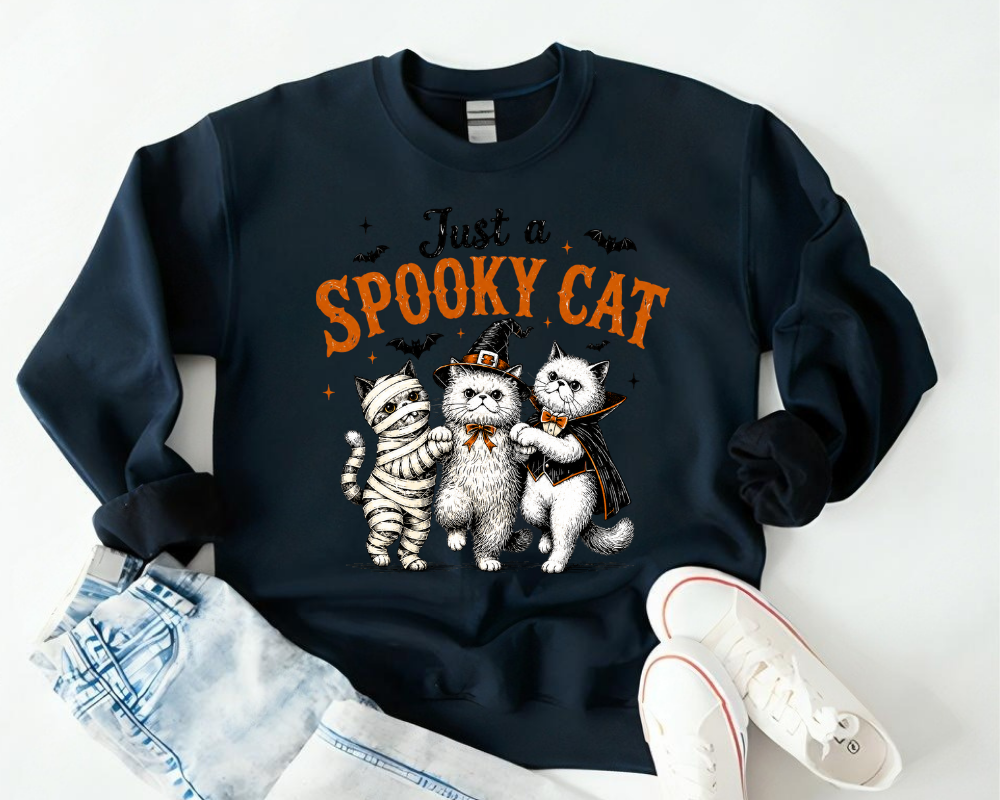 Just a Spooky Cat Halloween Sweatshirt, Cute Cat Ghost Crewneck, Halloween Gift for Cat Lovers