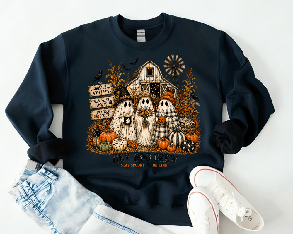 Hey Boo Crew Sweatshirt, Cute Ghost Halloween Sweatshirt, Spooky Season Crewneck, Pumpkin Patch Fall Shirt, Cozy Autumn Gift for Women