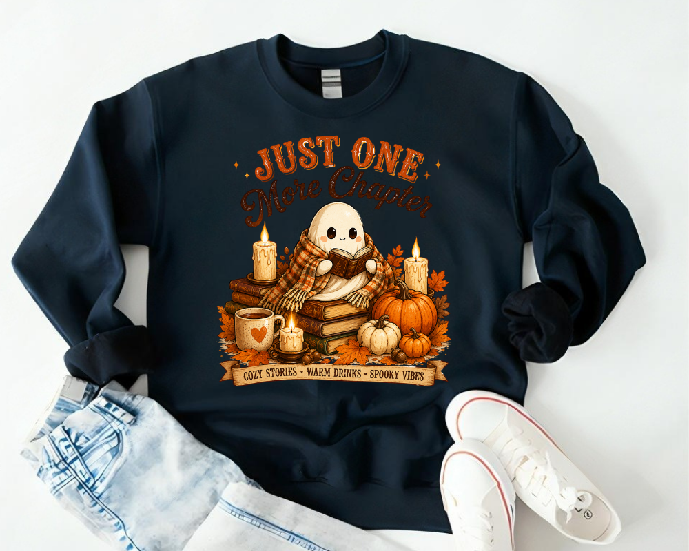 Just One More Chapter Halloween Sweatshirt, Cute Ghost Reading Crewneck, Cozy Fall Book Lover Sweatshirt, Pumpkin Autumn Graphic Pullover, Reader Gift for Women