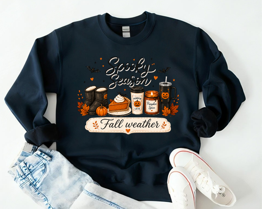 Spooky Season Fall Weather Sweatshirt, Pumpkin Spice Coffee Crewneck, Cozy Autumn Halloween Sweatshirt, Cute Fall Gift for Women