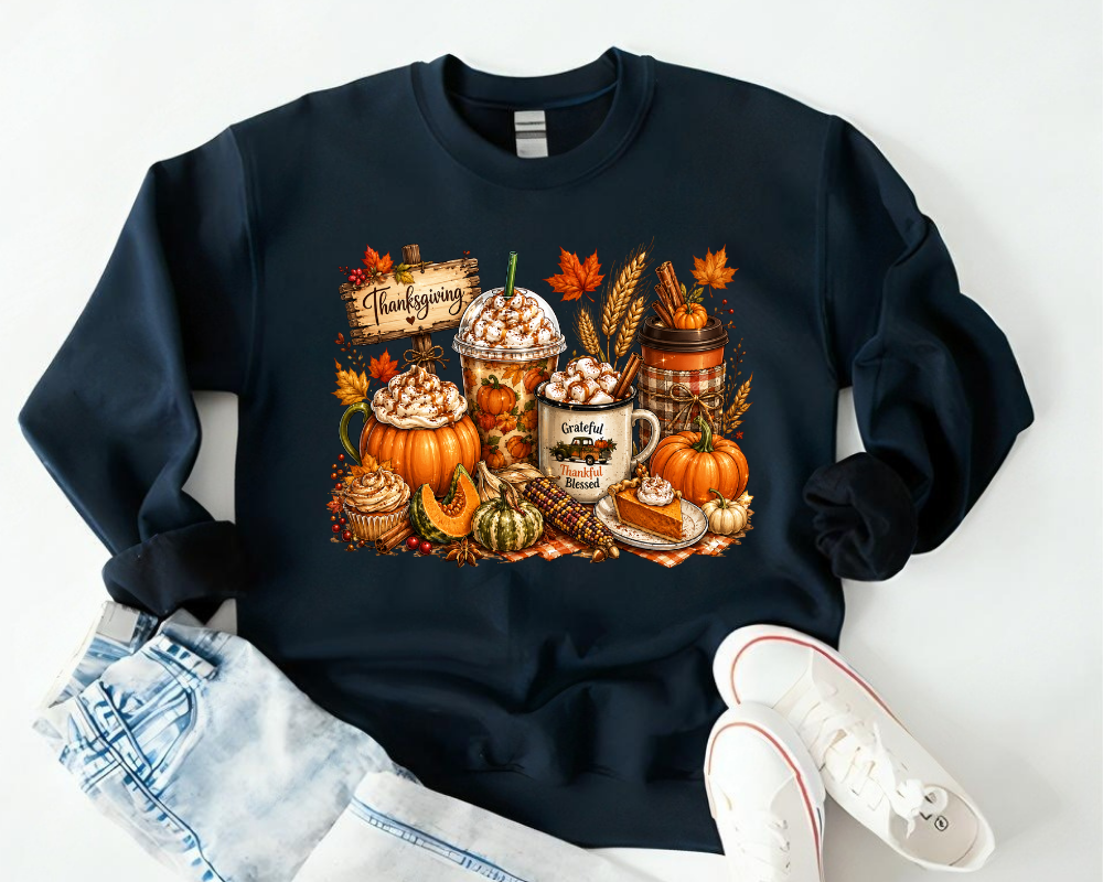 Thanksgiving Coffee Sweatshirt, Pumpkin Spice Fall Crewneck, Cozy Autumn Graphic Shirt, Grateful Thankful Blessed Pullover, Fall Gift for Women
