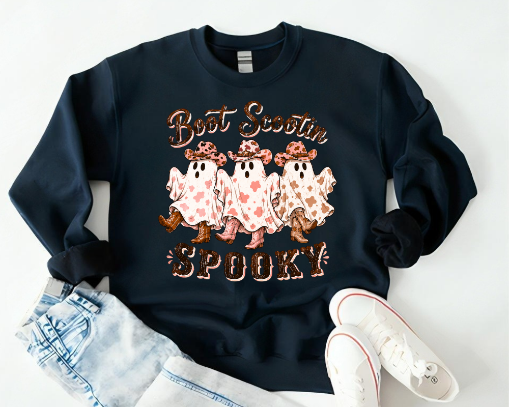 Boot Scootin Spooky Ghost Halloween Sweatshirt, Cowgirl Ghost Shirt, Western Halloween Crewneck, Cute Cowboy Ghost Fall Sweatshirt