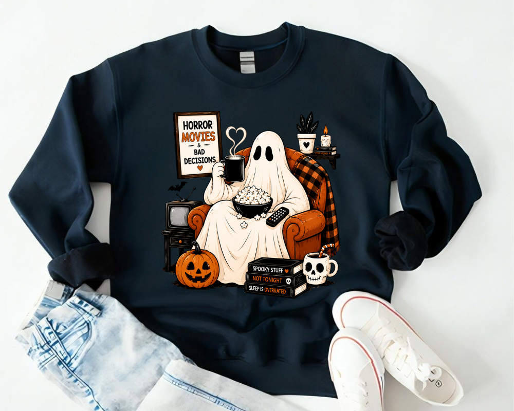 Horror Movies & Bad Decisions Halloween Sweatshirt, Spooky Season Ghost Movie Night, Gift for Women