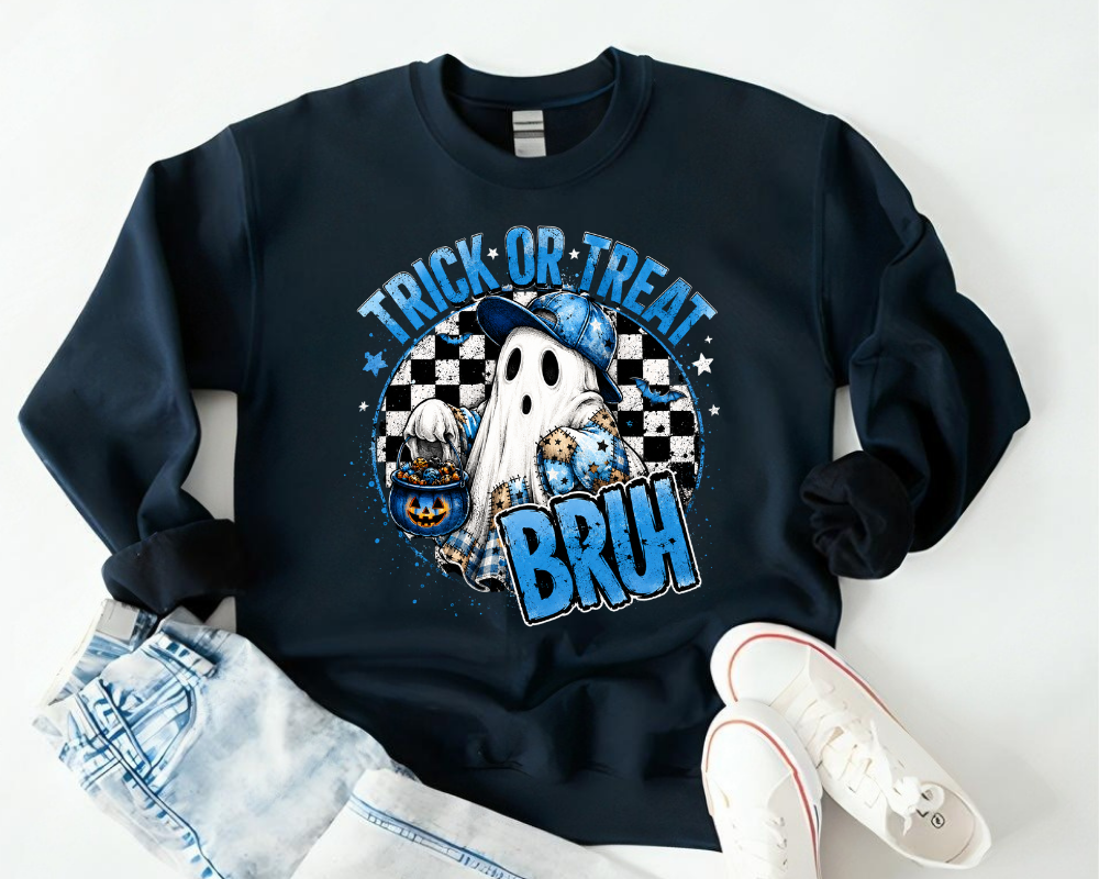Trick or Treat Bruh Sweatshirt, Funny Ghost Halloween Sweatshirt, Spooky Season Crewneck, Cute Blue Ghost Shirt, Halloween Gifts