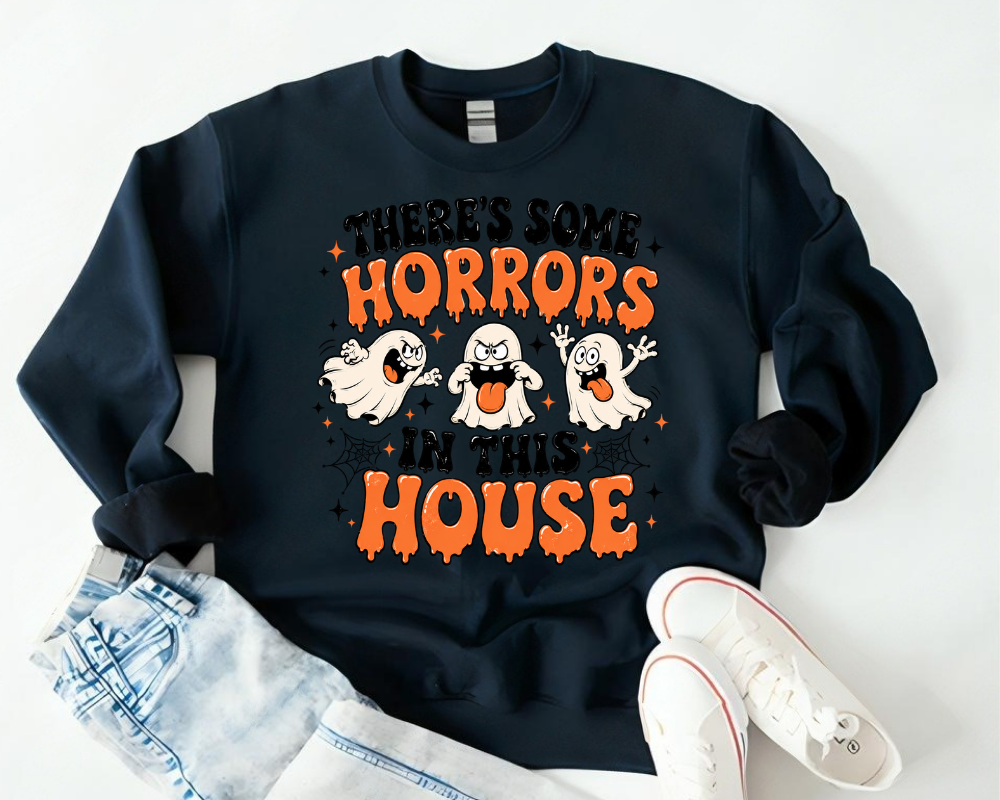 There's Some Horrors In This House Halloween Sweatshirt, Funny Ghost Crewneck, Cute Spooky Season Graphic Pullover, Halloween Party Sweatshirt, Funny Halloween Gift for Women