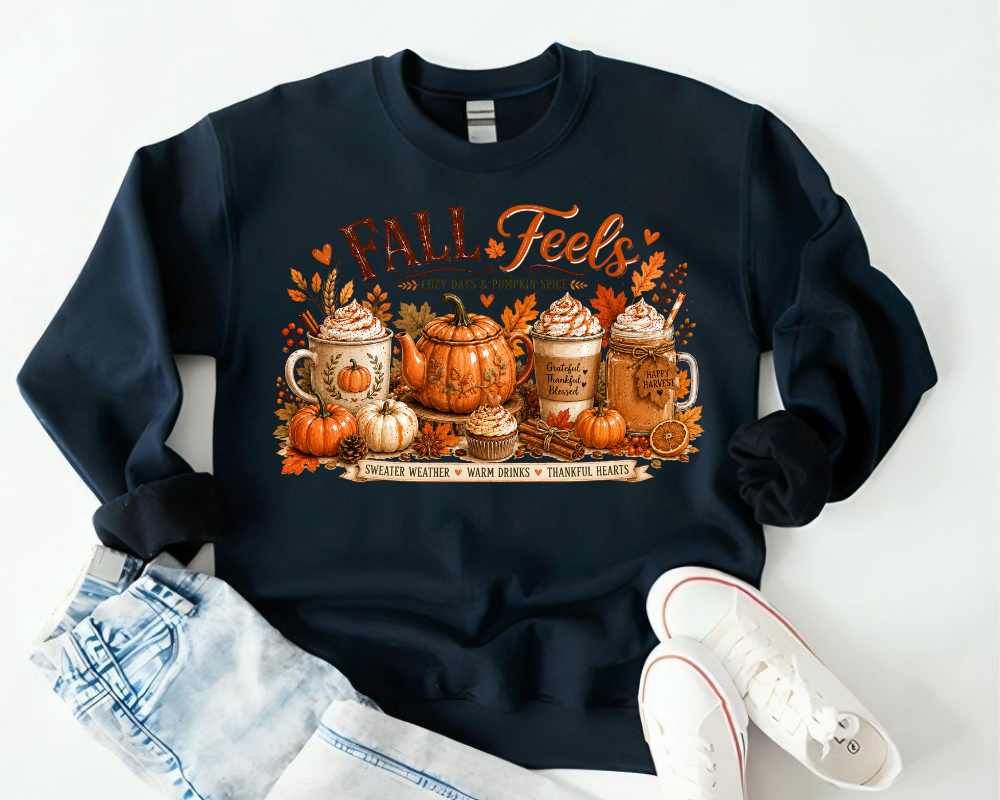 Fall Feels Sweatshirt, Pumpkin Spice Coffee Sweatshirt, Cozy Autumn Crewneck for Women