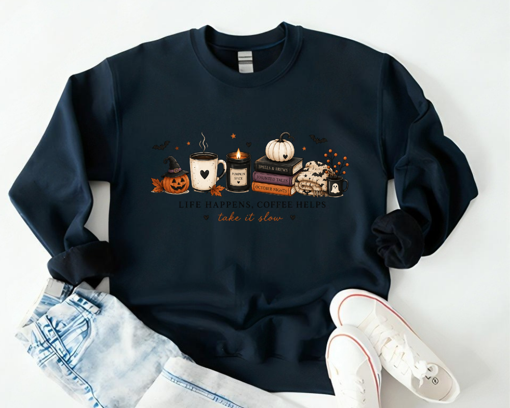 Halloween Coffee Sweatshirt for Women – Life Happens, Coffee Helps Take It Slow, Cozy Pumpkin Spice Ghost Fall Hoodie, Cute Spooky Season Gift