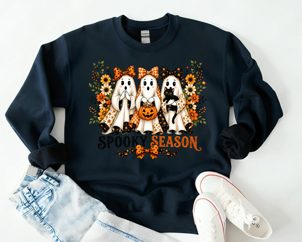 Cute Ghost Halloween Sweatshirt, Coquette Ghost Crewneck, Black Cat Fall Sweatshirt, Pumpkin Bow Autumn Shirt, Halloween Gift for Women
