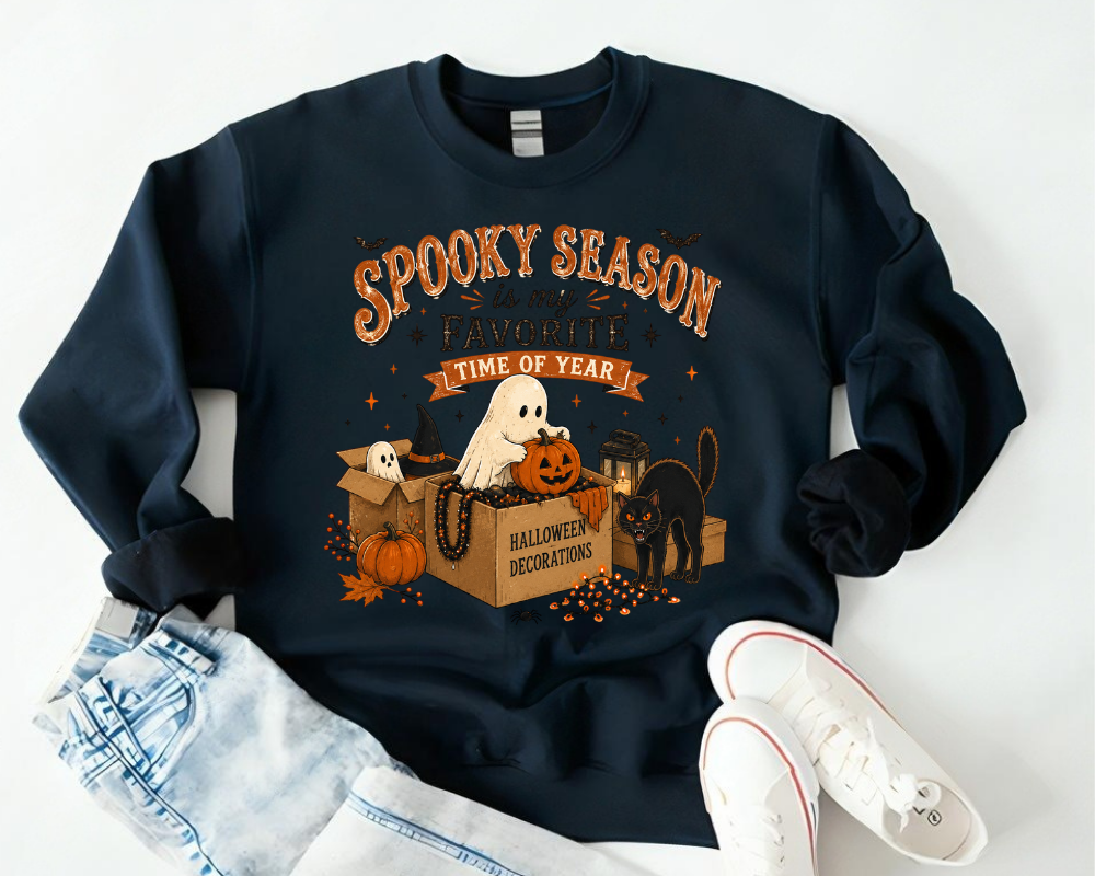Spooky Season Is My Favorite Time of Year Halloween Sweatshirt, Cute Ghost Pumpkin Crewneck, Black Cat Fall Graphic Pullover, Cozy Autumn Halloween Gift for Women