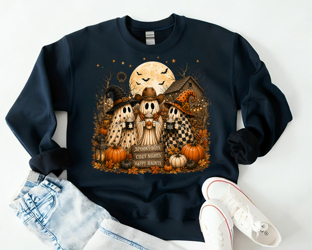 Cozy Ghost Halloween Sweatshirt, Spooky Season Crewneck, Cute Ghost Fall Sweatshirt, Pumpkin Patch Farmhouse Shirt, Autumn Halloween Gift for Women