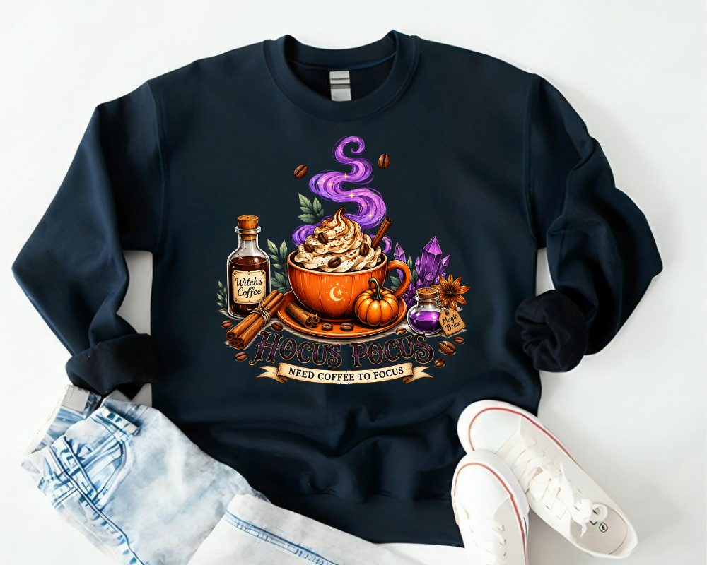 Hocus Pocus Coffee Lover Sweatshirt, Cozy Halloween Witch Crewneck, Fall Gift for Her
