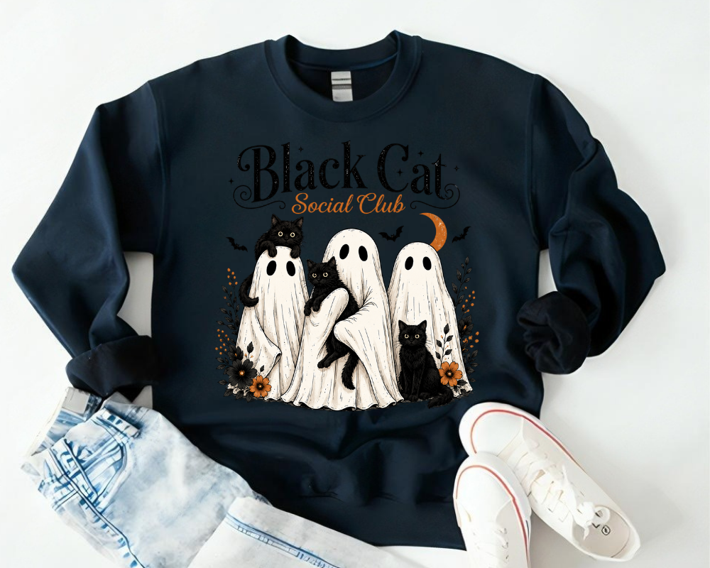 Black Cat Social Club Halloween Sweatshirt, Ghost Cats Crewneck, Gift for Cat Lovers