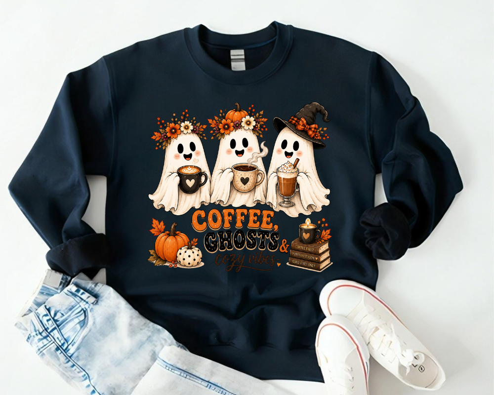 Cute Ghost Halloween Sweatshirt, Spooky Season Crewneck, Coffee Lover Sweatshirt, Fall Ghost Shirt, Halloween Gift for Women