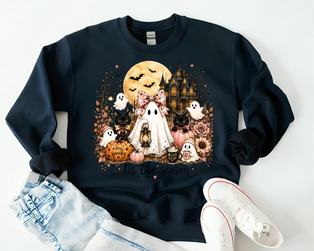 'Tis the Season - Haunted House Ghost Halloween Sweatshirt, Black Cat Shirt, Spooky Season Graphic Crewneck, Dark Halloween Gift