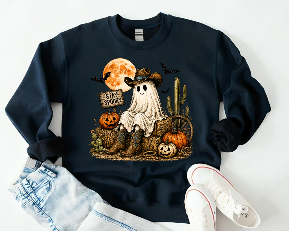 Western Ghost Sweatshirt, Cowgirl Halloween Crewneck, Stay Spooky Pumpkin Shirt, Cute Cowboy Ghost Fall Sweatshirt, Country Halloween Gift for Women