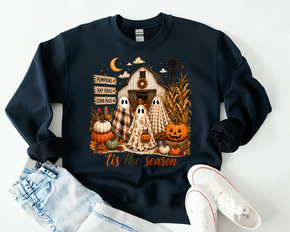'Tis the Season, Spooky Season Sweatshirt, Ghost Pumpkin Patch Crewneck, Gift for Halloween Lovers
