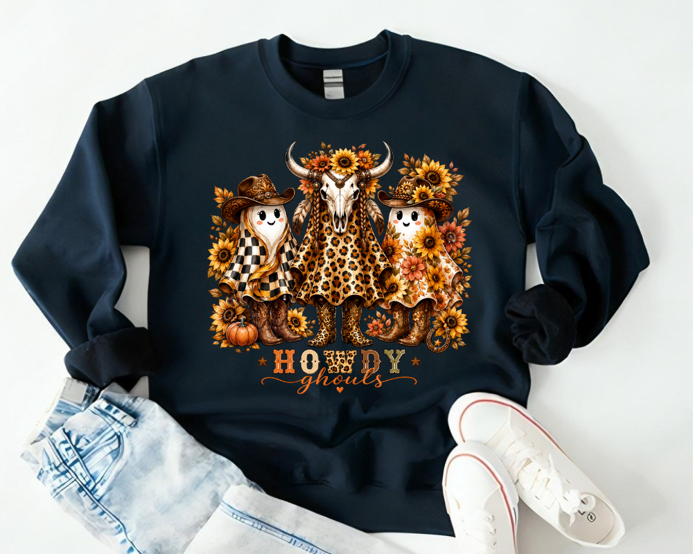 Howdy Ghouls Sweatshirt, Western Halloween Ghost Shirt, Cowgirl Ghost Crewneck, Sunflower Leopard Halloween Sweatshirt, Cute Fall Western Gift for Women