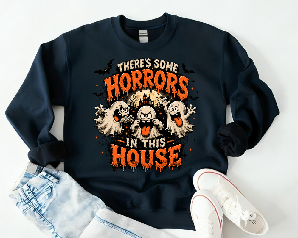 There's Some Horrors in This House - Halloween Ghost Sweatshirt, Funny Spooky Ghost Graphic Crewneck, Cute Haunted House Fall Pullover, Halloween Party Costume Gift, Spooky Season Gift for Women