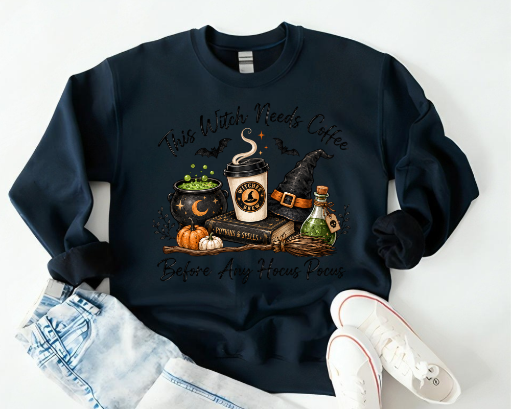 This Witch Needs Coffee Halloween Sweatshirt, Witch Coffee Shirt, Spooky Season Crewneck, Hocus Pocus Gift for Coffee Lovers