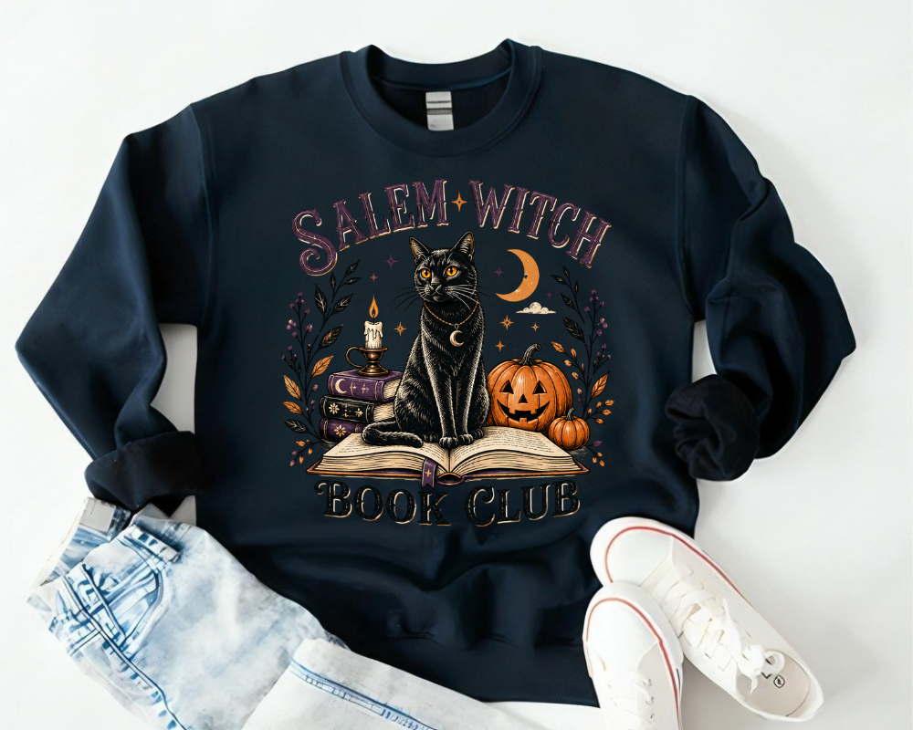 Salem Witch Book Club, Black Cat Halloween Sweatshirt, Vintage Spooky Season Crewneck, Witchy Book Lover Gift, Fall Graphic Pullover