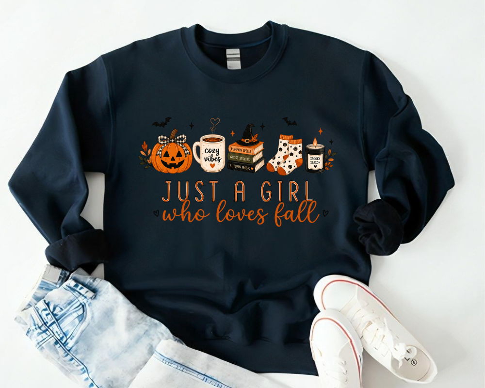 Just A Girl Who Loves Fall Sweatshirt, Cozy Fall Coffee Crewneck, Pumpkin Halloween Graphic Sweatshirt, Autumn Lover Pullover, Cute Fall Gift for Women